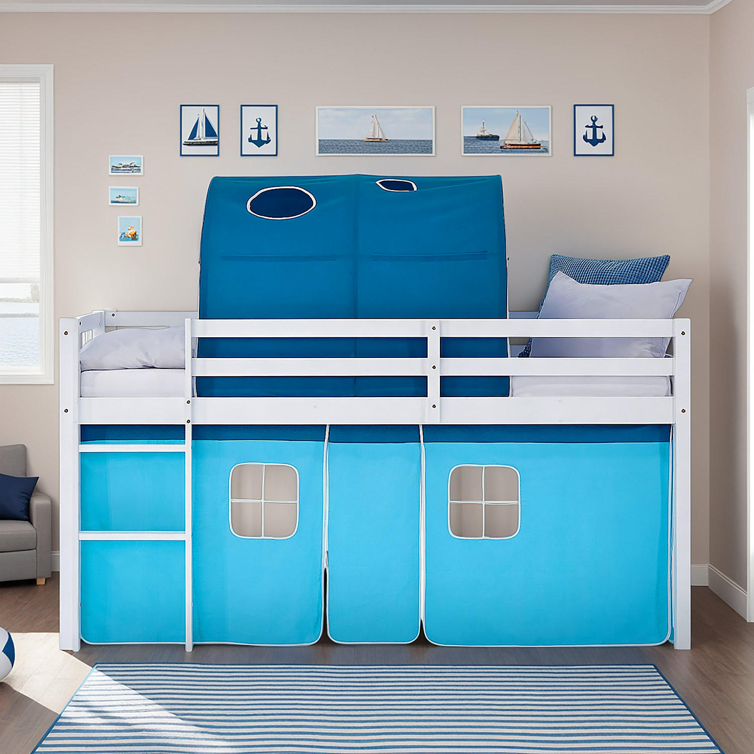 HOCHBETT 90/200 cm in weiß mit Tunnel + Vorhang blau - Blau/Weiß, Holz/Textil (90/200cm) - Homestyle4u