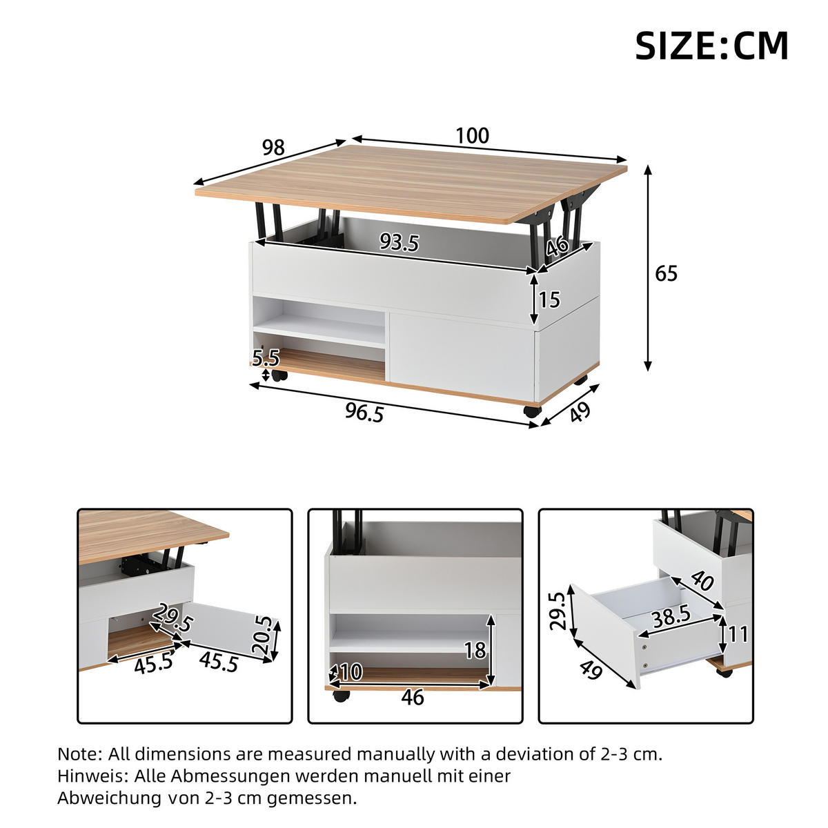 COUCHTISCH höhenverstellbar Weiß Naturholz 100x98x65cm mit Stauraum - Weiß, Holzwerkstoff (100/98/65cm) - FLIEKS