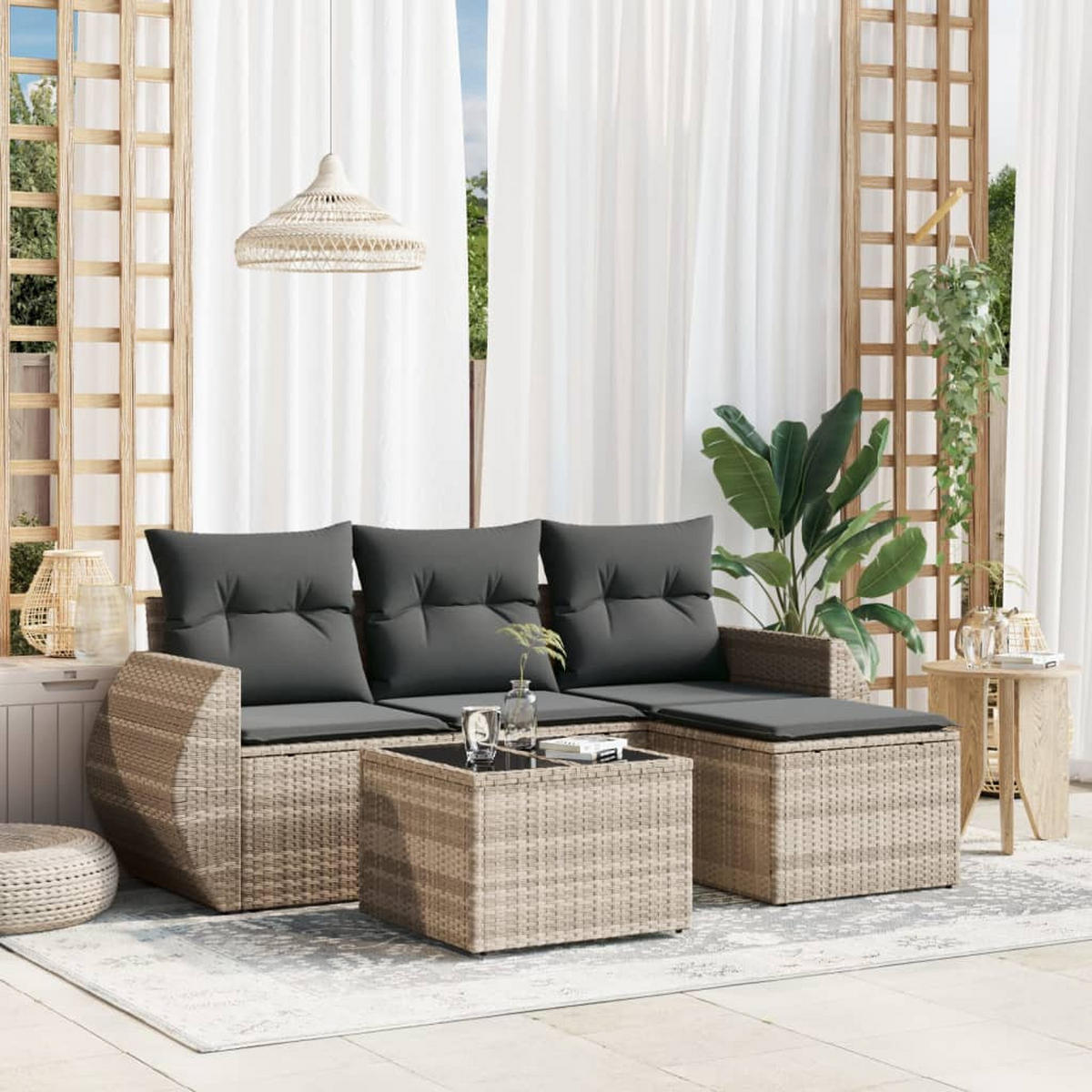 GARTEN-SOFAGARNITUR 5-TLG. Mit Kissen Hellgrau Poly Rattan - Grau, Kunststoff - vidaXL