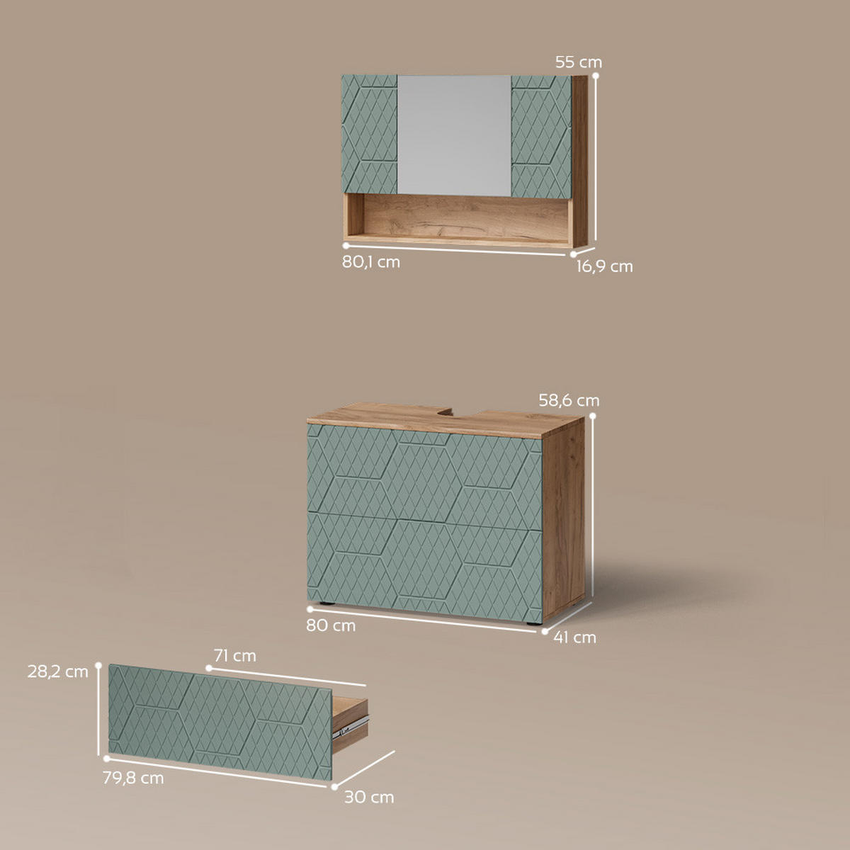 BADMÖBEL-SET Ronco Grün/Goldkraft Eiche 2 Teile, Unterschrank 80 cm - Eiche Wotan/Grün, Holzwerkstoff (80/58/41cm) - Livinity®