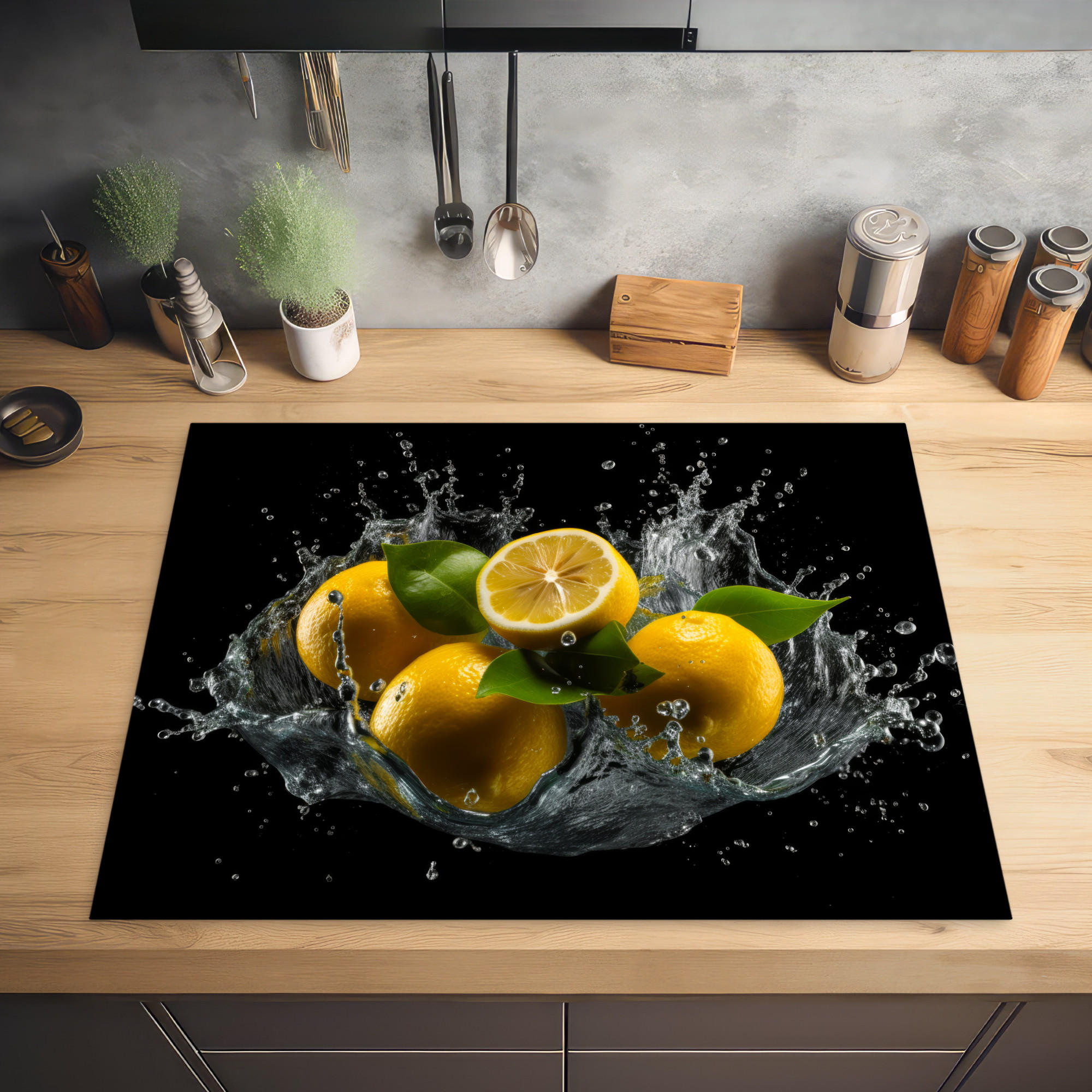 HERDABDECKPLATTE Zitrone - Obst - Gelb - Schwarz 77x59 cm - Gelb, Kunststoff (77/0.2/59cm) - MuchoWow
