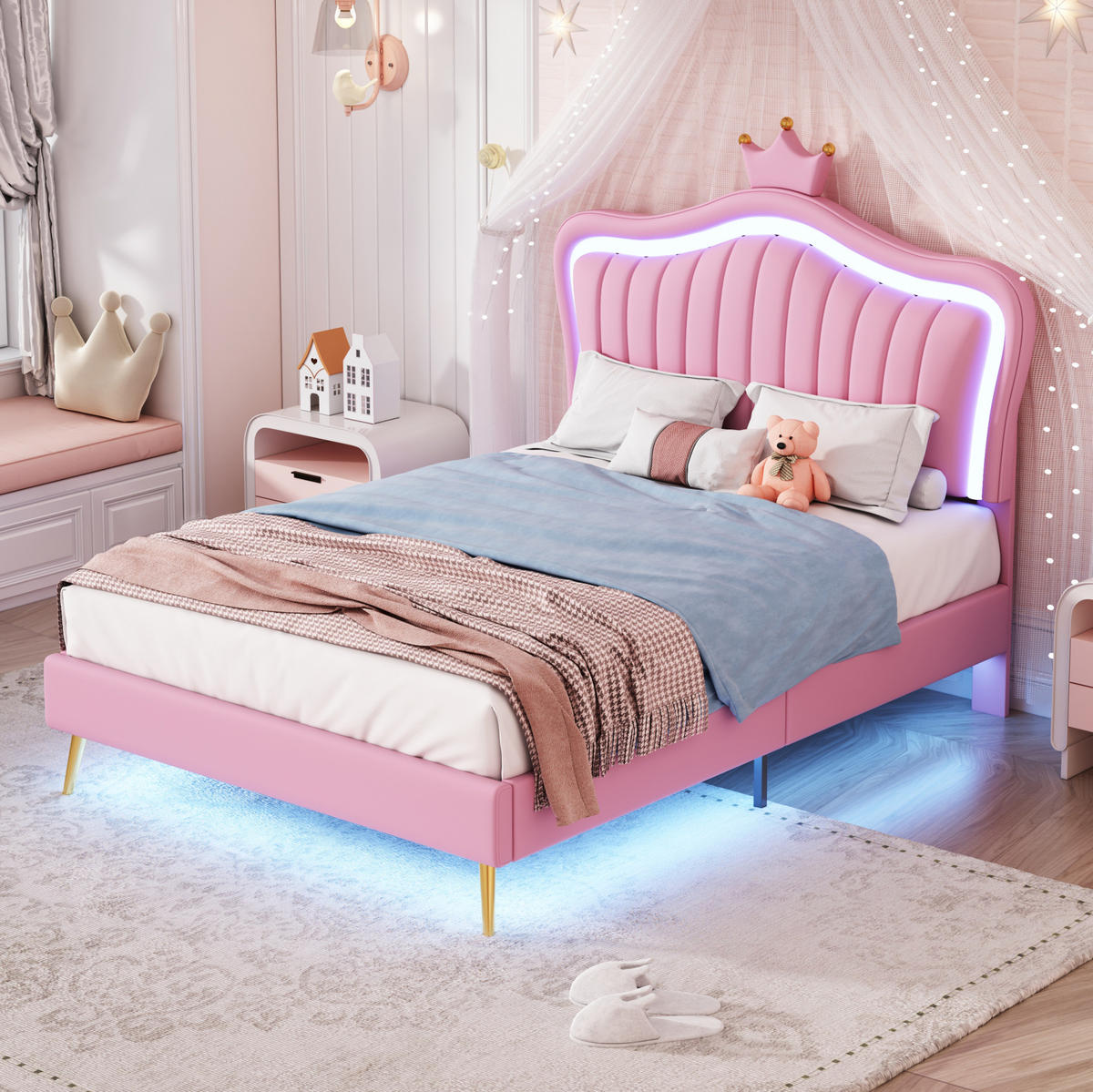 KINDERBETT 90/200 cm mit LED-Beleuchtung, verstellbarem Kopfteil und Muschel-Kronen-Design, Rosa - Pink, Textil (90/200cm) - Redom