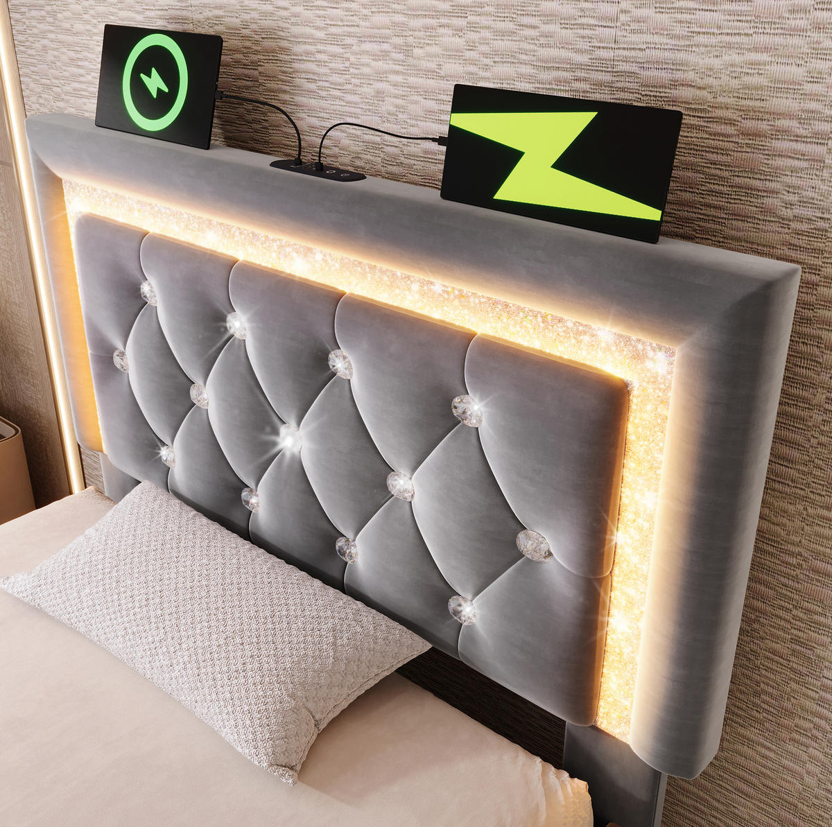 POLSTERBETT 90/200 cm Grau aus Samt mit LED und Stauraum - Grau, Textil (90/200cm) - OKMYHOME