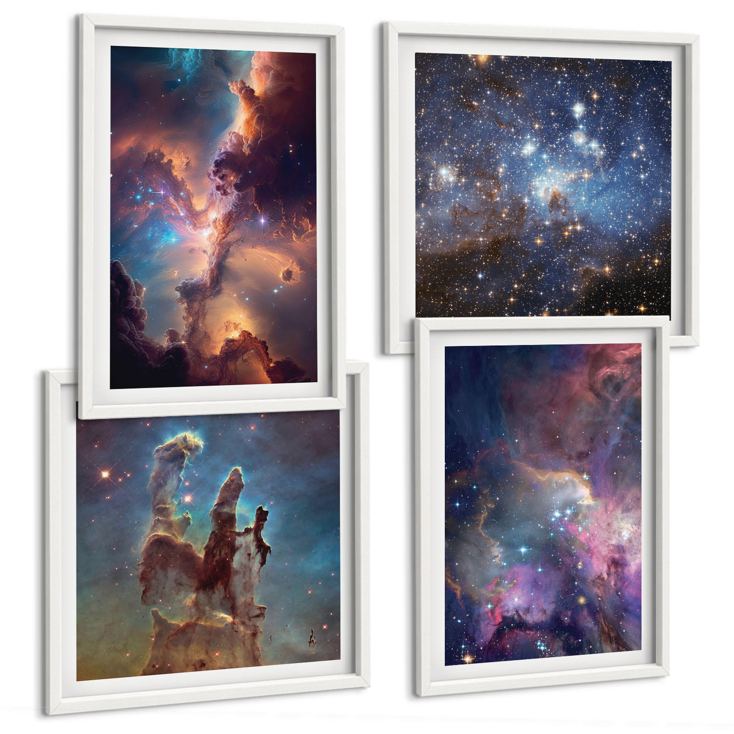 BILDER SET 4er Set - 50x50 cm & 40x60 cm Weißer Rahmen - Kosmische Sternenlandschaften - Weiß, Kunststoff (50/50cm) - TULUP