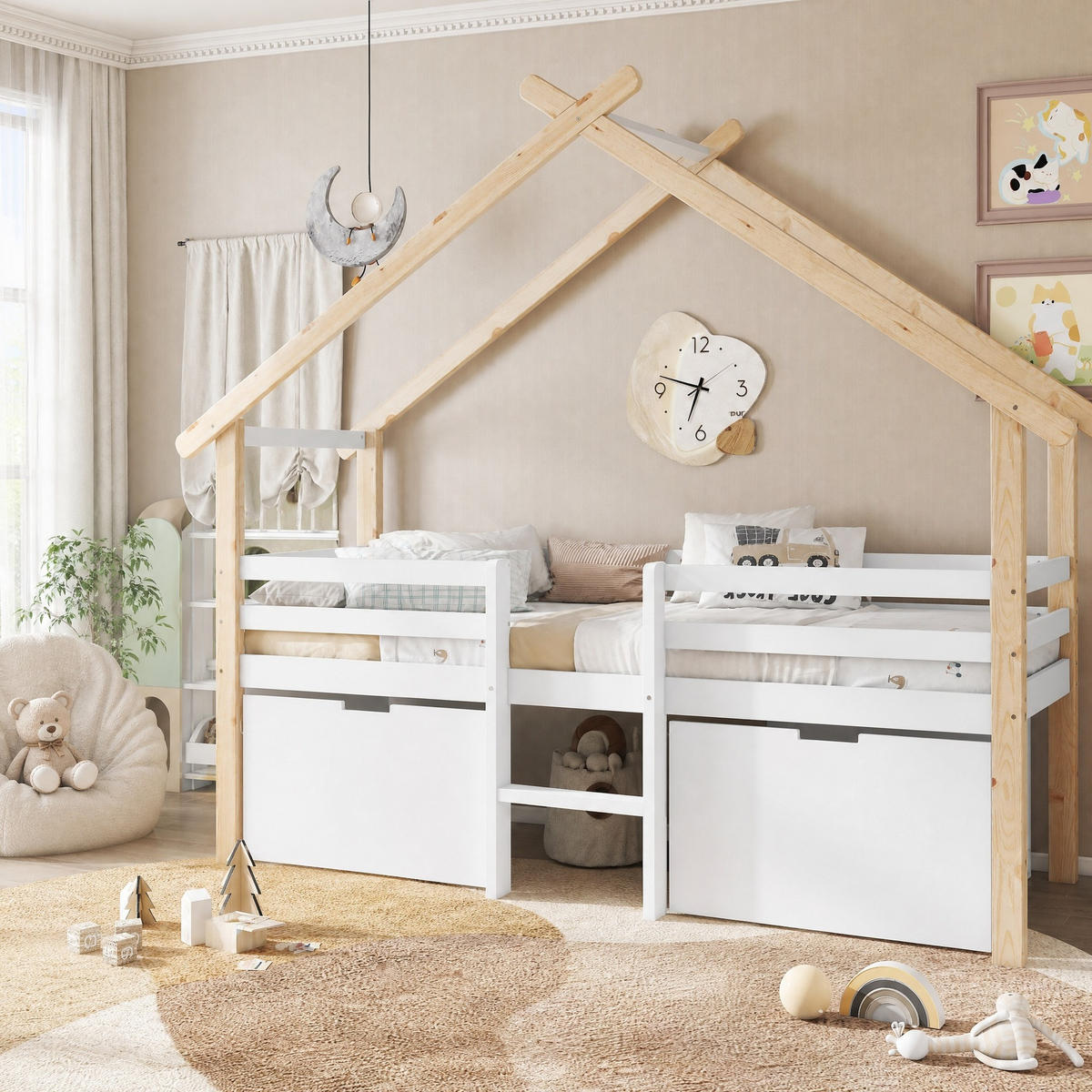 HAUSBETT 90/200 mit Stauraum, Treppe und Schließfächern in Weiß und Natur - Weiß/Naturfarben, Holzwerkstoff (90/200cm) - EVRYAE