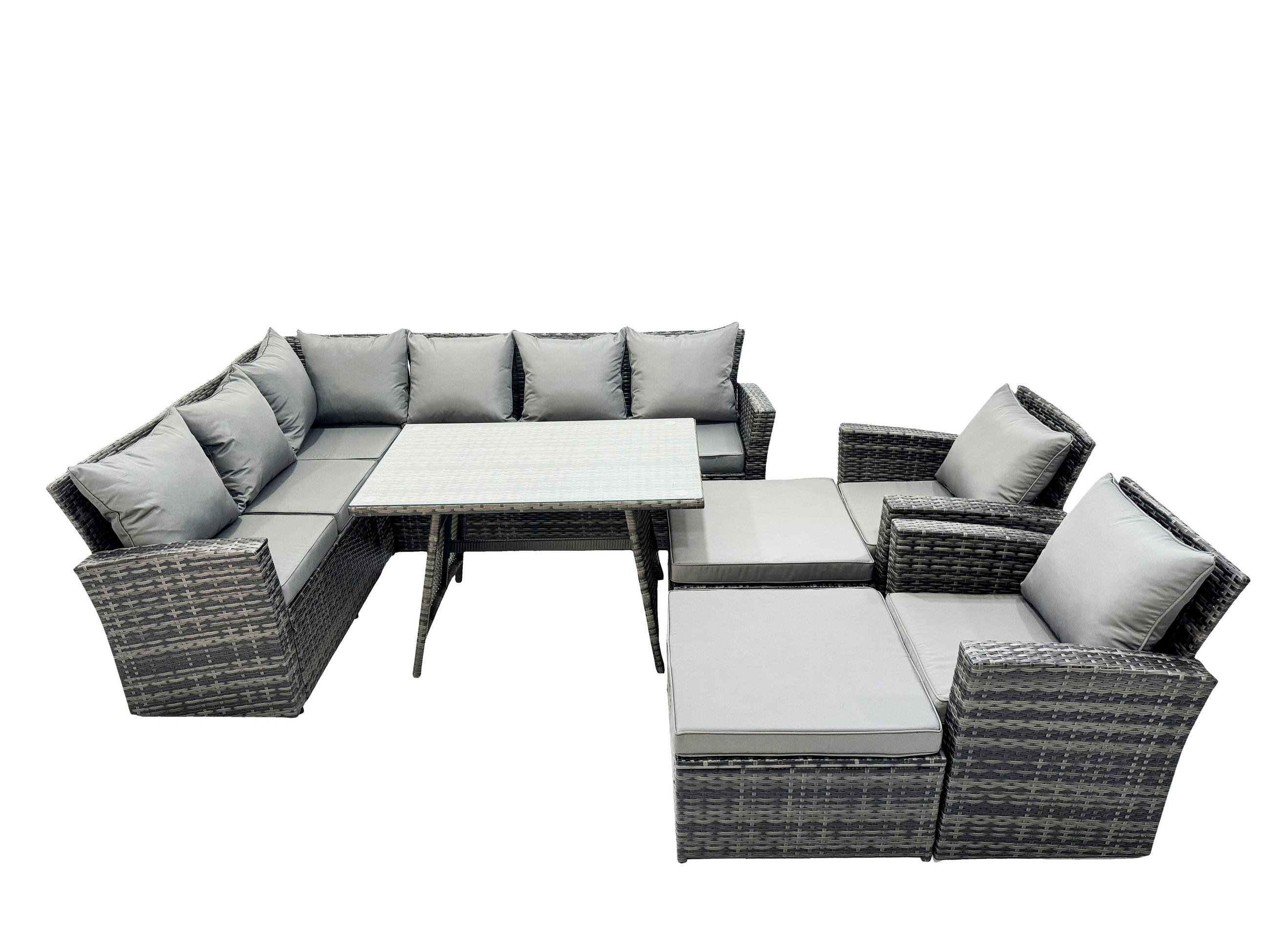 BALKONMÖBEL-SETS mit Ecksofa,Länglicher Esstisch,2 große Fußhocker,Stuhl Polyrattan Dunkelgrau 10-Sitzer - Dunkelgrau/Grau, Glas/Kunststoff - Fimous