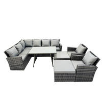 BALKONMÖBEL-SETS mit Ecksofa,Länglicher Esstisch,2 große Fußhocker,Stuhl Polyrattan Dunkelgrau 10-Sitzer - Dunkelgrau/Grau, Glas/Kunststoff - Fimous