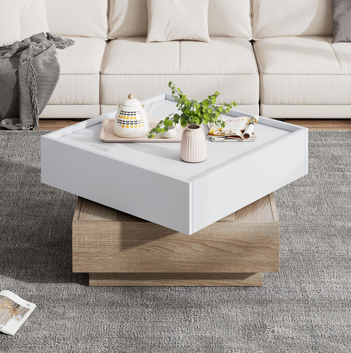 COUCHTISCH, 360° drehbar, Weiß/Walnuss mit Furnier, 2 Schubladen, 60/60/38 cm,Weiß - Weiß, Holzwerkstoff (60/60/38cm) - Redom