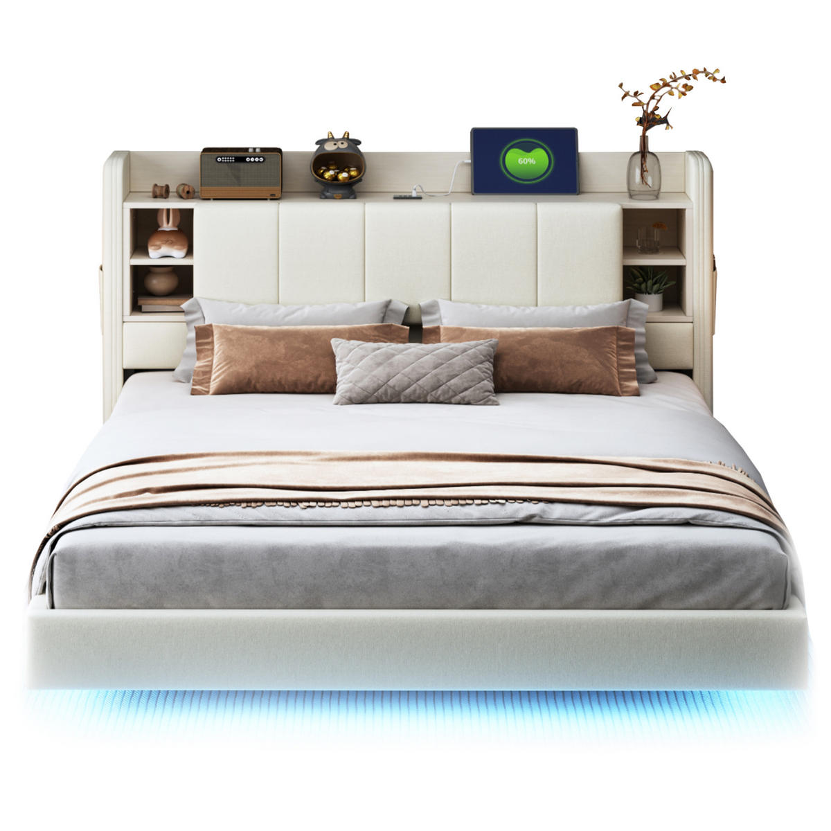 POLSTERBETT 160/200 cm Beige mit USB-Anschluss und LED-Beleuchtung - Beige, Textil (160/200cm) - OKWISH