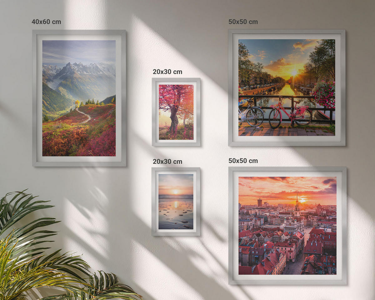 BILDER SET 5er Set - 50x50 cm & 20x30 cm & 40x60 cm Silberner Rahmen - Einfache Zeichnungen von Stadtansichten - Silberfarben, Kunststoff (40/60cm) - TULUP