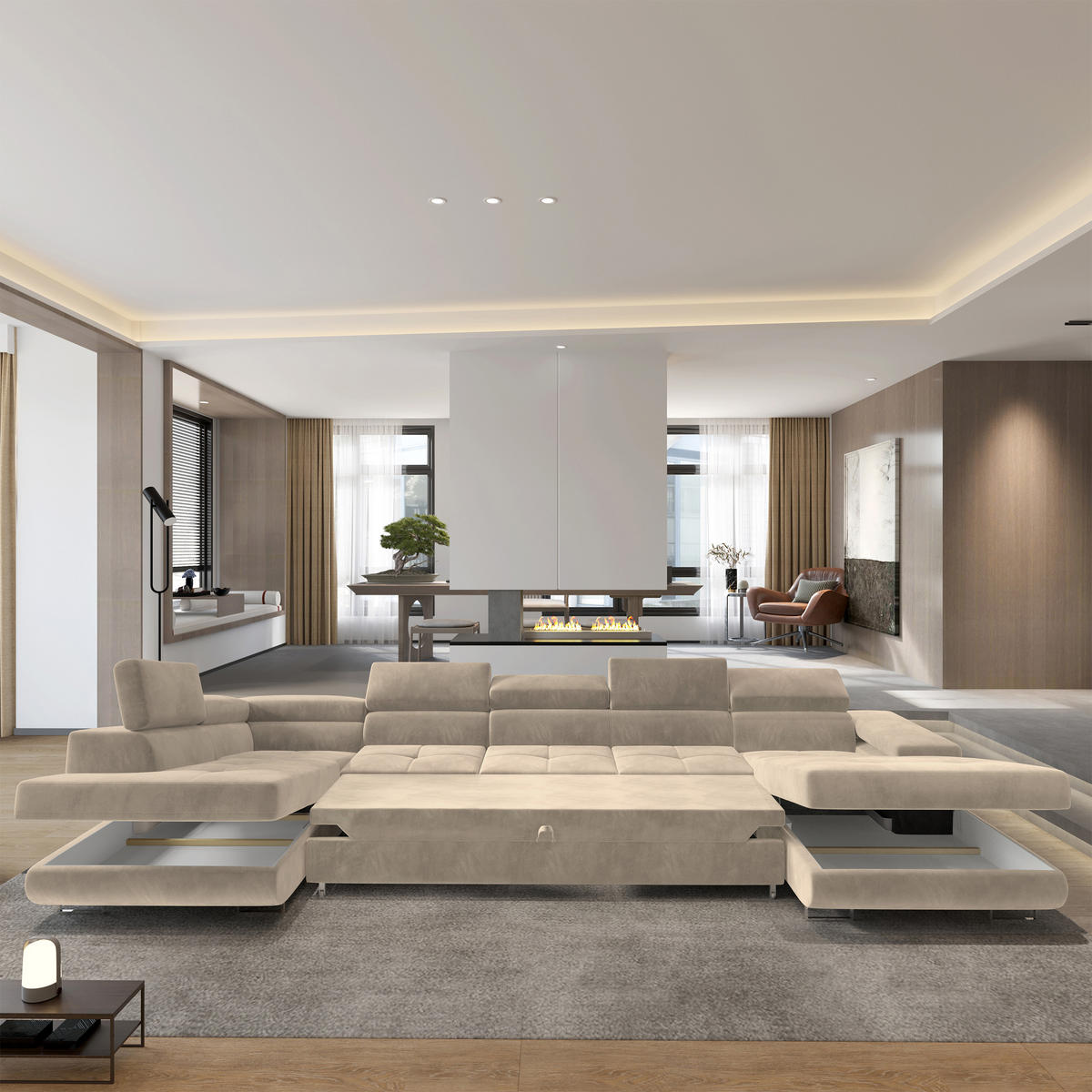 WOHNLANDSCHAFT TORIVA L-S Creme Velours-Stoff mit Schlaffunktion - Creme, Holz (418/90/202cm) - MASSENO