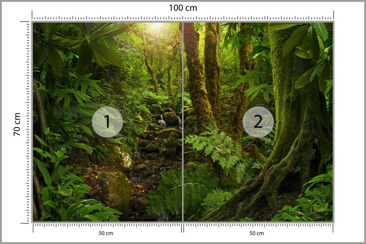 FOTOTAPETE für Wohnzimmer Wilder Dschungel Exotische Bäume Blätter 100x70 - Gelb/Braun, Papier (100/70cm) - Muralo