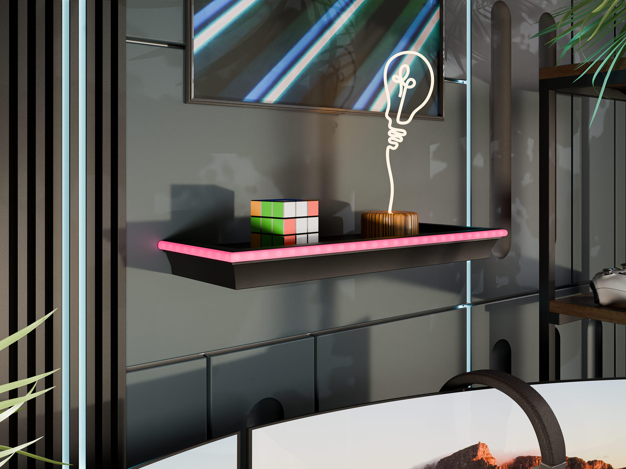 WANDREGAL Wrotyn mit Rosa LED Beleuchtung - Schwarz/Rosa, Kunststoff (46/5/16cm) - MIRJAN24