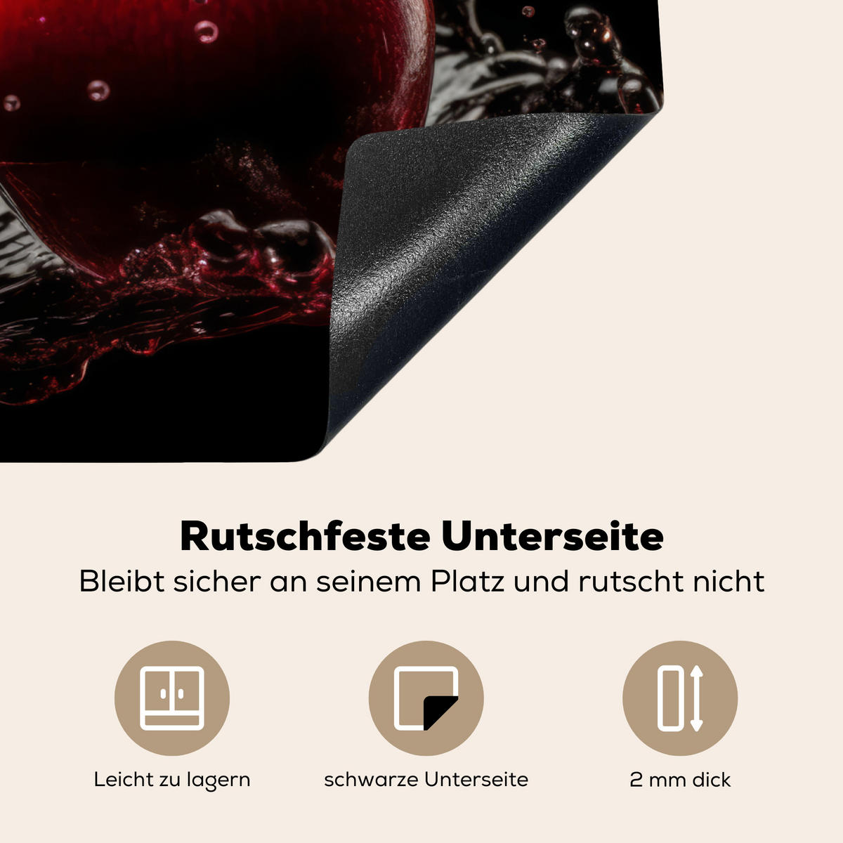 HERDABDECKPLATTE Kirsche - Rot - Frucht - Wasser - Schwarz Herdabdeckung Induktionsfeld 75x52 cm - Kirschrot, Kunststoff (75/52/0.2cm) - MuchoWow