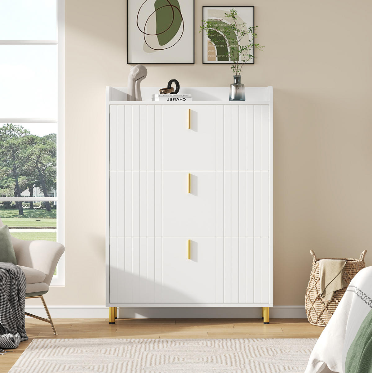 SCHUHSCHRANK aus MDF 80x23x123.5cm in Weiß mit 3 Klappen - Weiß, Holzwerkstoff (80/123.5/23cm) - Modfu