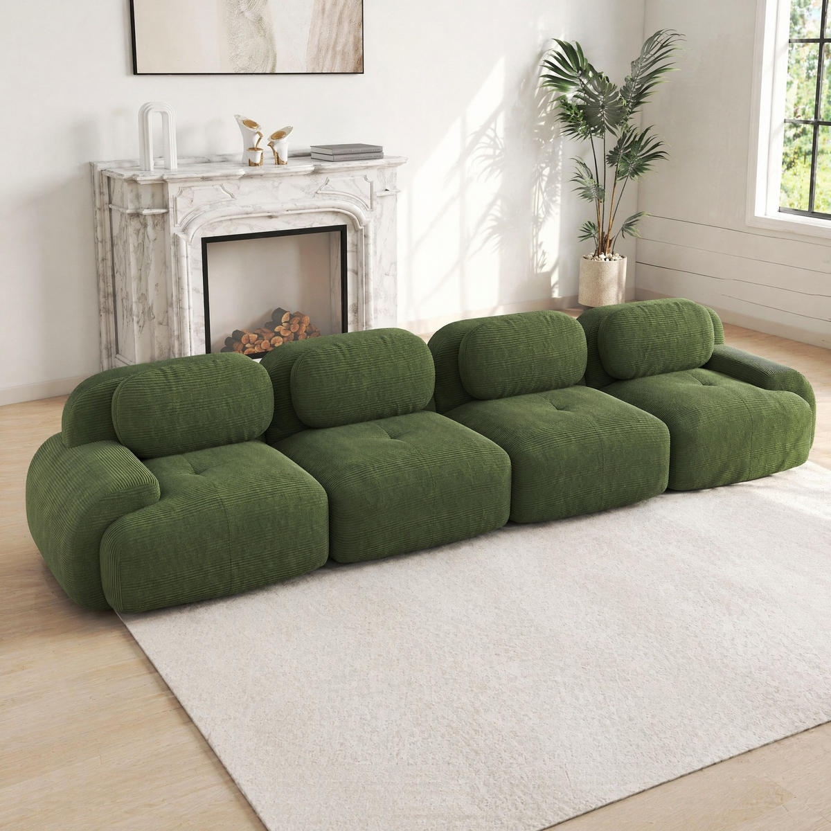 SOFA 388/103/70 cm in Grün aus Cord mit rahmenlosem Design - Grün, Textil (103/70/388cm) - Flora Grace