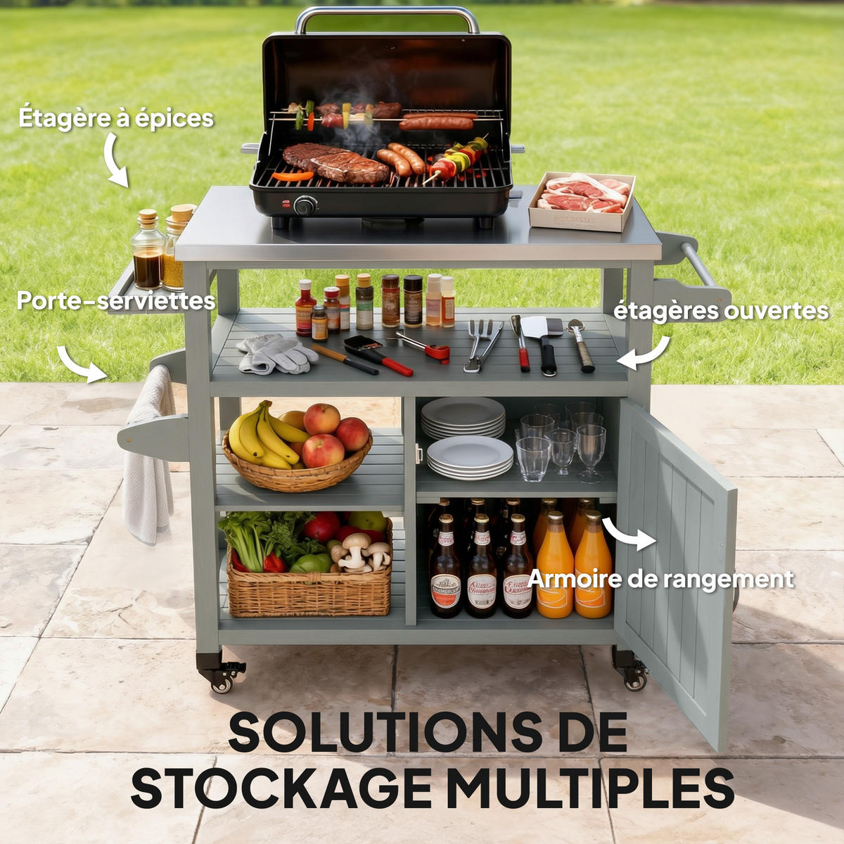 GRILLWAGEN DE-13858 mit Edelstahl-Arbeitsplatte und Holzrahmen Grau - Grau, Metall (49.5/92.5/107cm) - ComfortXL
