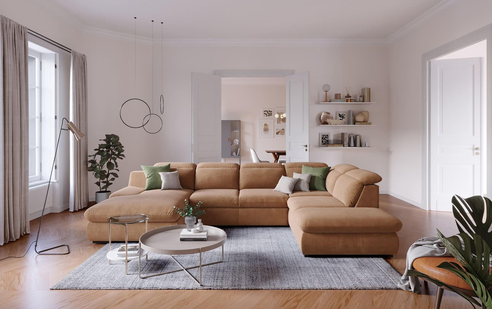 Thumbnail - Cotta Wohnlandschaft, Cognac, Textil, Echtholz,Fichte, U-Form,L-Form, 218x80x341 cm, Wohnzimmer, Sofas & Couches, Wohnla...