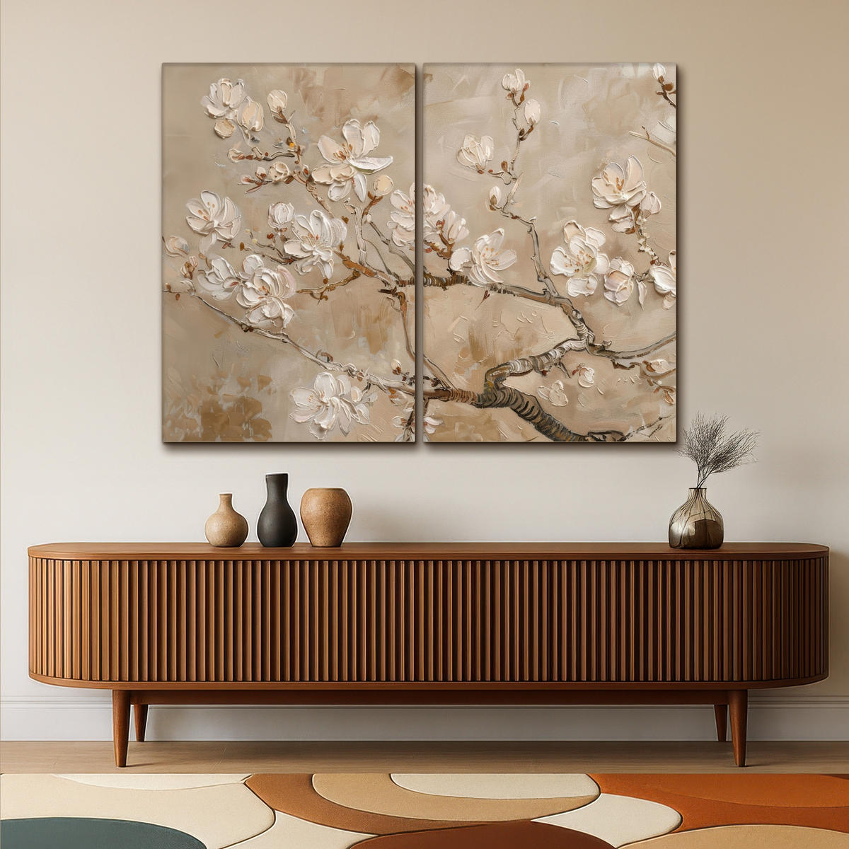LEINWANDBILD 2er Set Beige - Blüte - Modern 160x120 cm - Greige, Textil (160/120cm) - MuchoWow