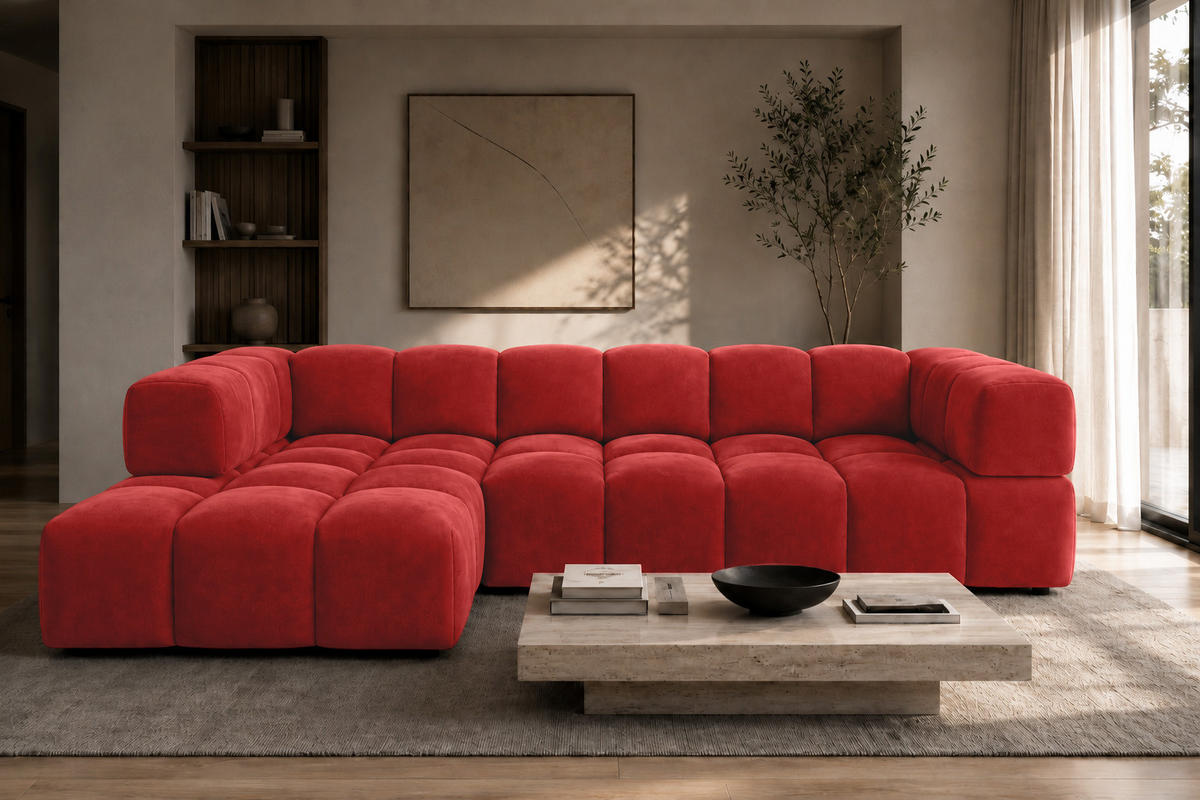 ECKSOFA L-Form, Veloursstoff Bluvel, Rotwein, Links, Averro XL - Weinrot, Holz (320/150cm) - Kaiser Möbel