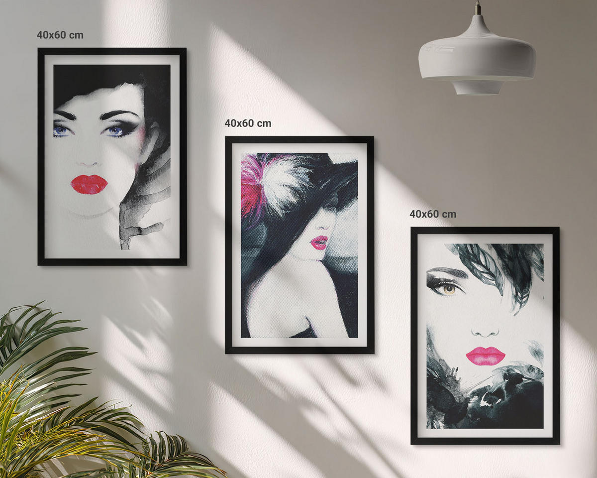 BILDER SET 3er Set - 40x60 cm Schwarzer Rahmen - Porträts von Frauen mit Lippen - Schwarz, Kunststoff (40/60cm) - TULUP