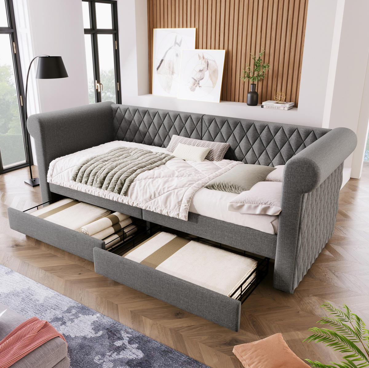 BETT 90/200 cm Grau mit 2 Schubladen und Leinenbezug - Grau, Textil (90/200cm) - Flora Grace