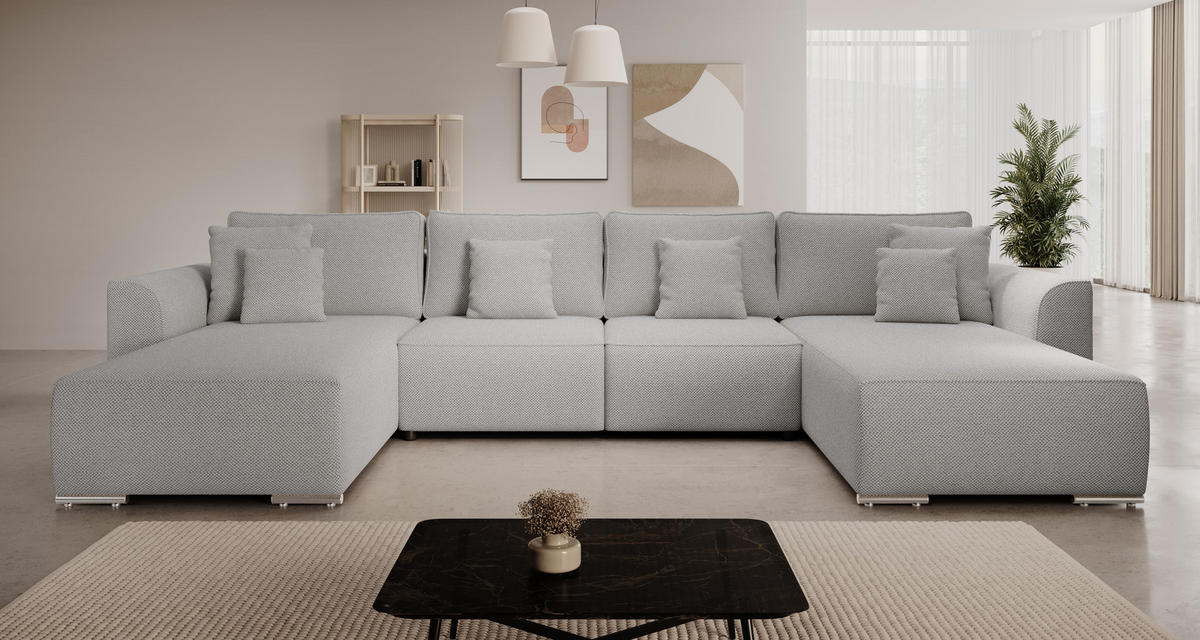 WOHNLANDSCHAFT GUSTO U Curio 80 mit Schlaffunktion - Grau, Textil (368/85/193cm) - Bedante