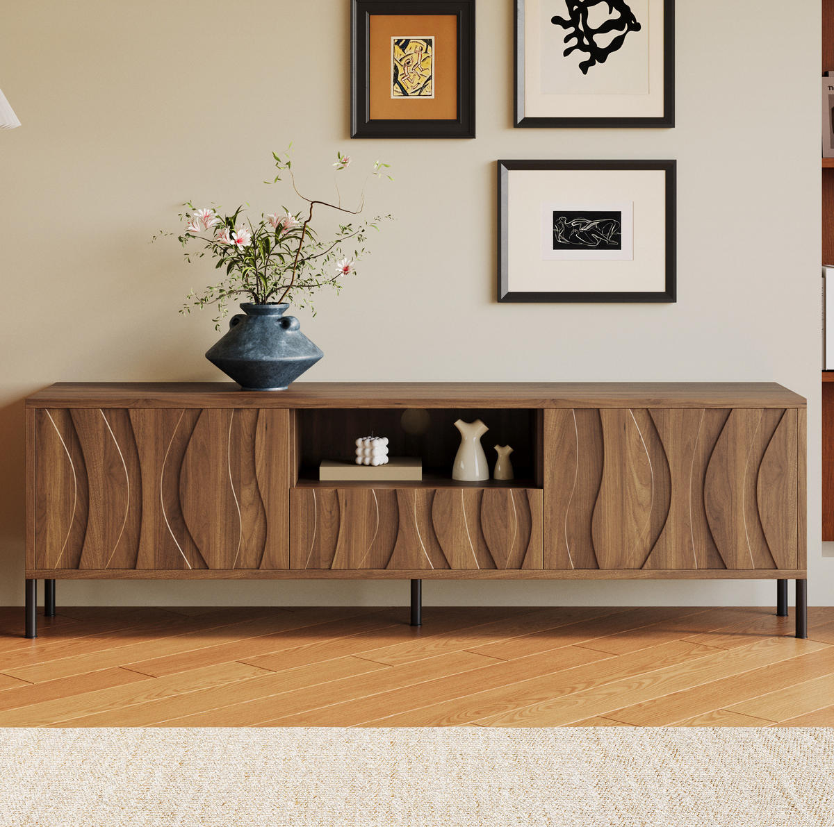 TV-SCHRANK aus MDF 160x35x46 cm Natur mit Kabeldurchführung und Stauraum, wellenförmiges Türdesign - Naturfarben, Holzwerkstoff (160/46/35cm) - Modfu