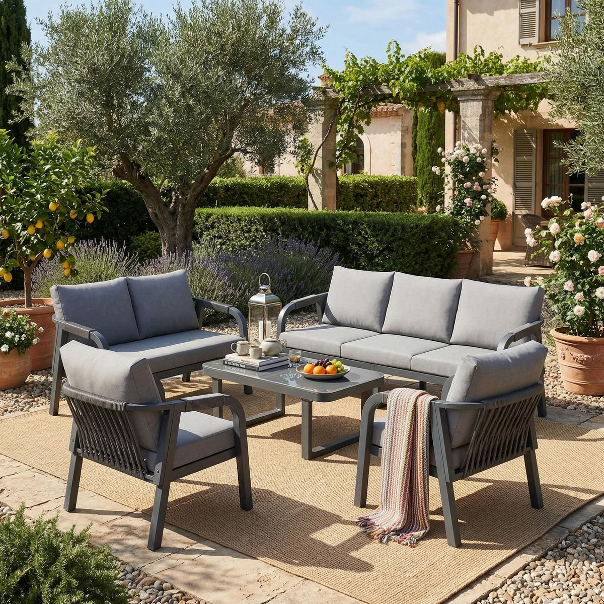 GARTENLOUNGE-SET 7 Personen 3-Sitzer 2-Sitzer Sessel Grau - Grau, Textil - FLIEKS