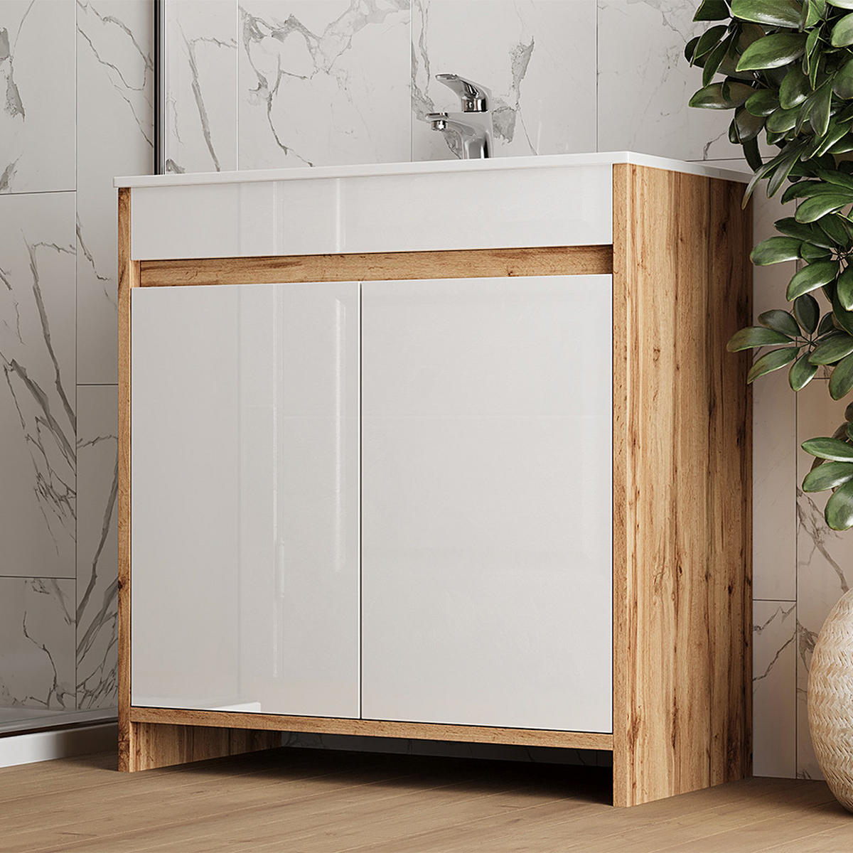 WASCHTISCHKOMBI Lemgo Goldkraft Eiche 2 Teile - Honigeiche/Weiß Hochglanz, Holzwerkstoff (79.8/81.9/40cm) - Vicco