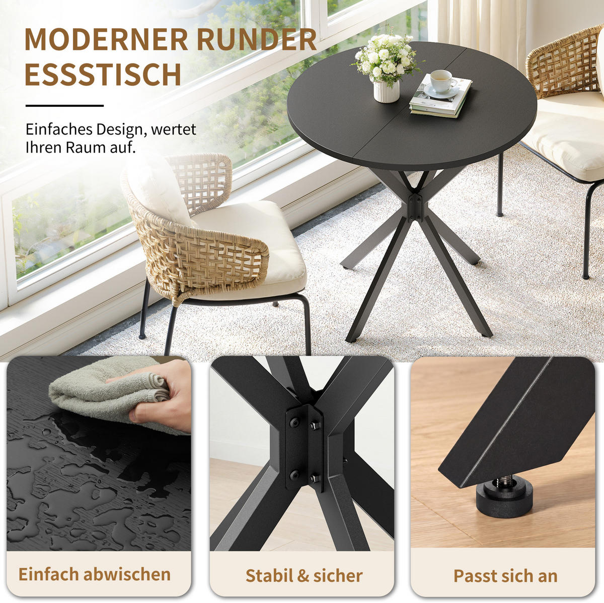 ESSTISCH 80/80/75 cm in Schwarz mit runder Platte und X-Gestell - Schwarz, Metall (80/80/75cm) - BEAOK