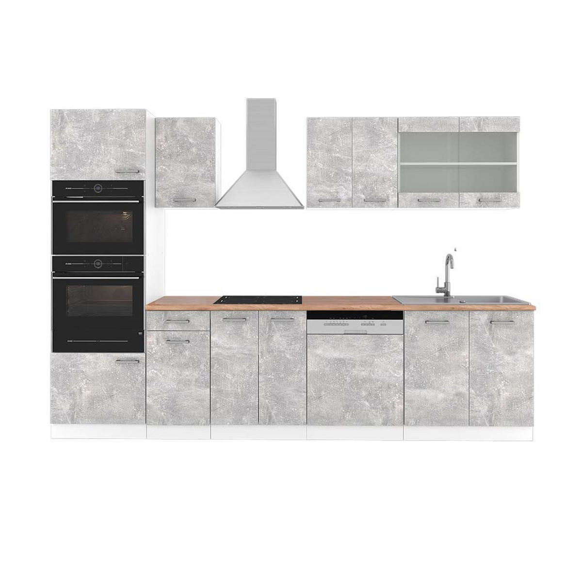KÜCHENZEILE R-Line Beton/Weiß 300 cm mit Hochschrank, AP Eiche - Schieferfarben/Weiß, Holzwerkstoff (300/81.6/60cm) - Vicco