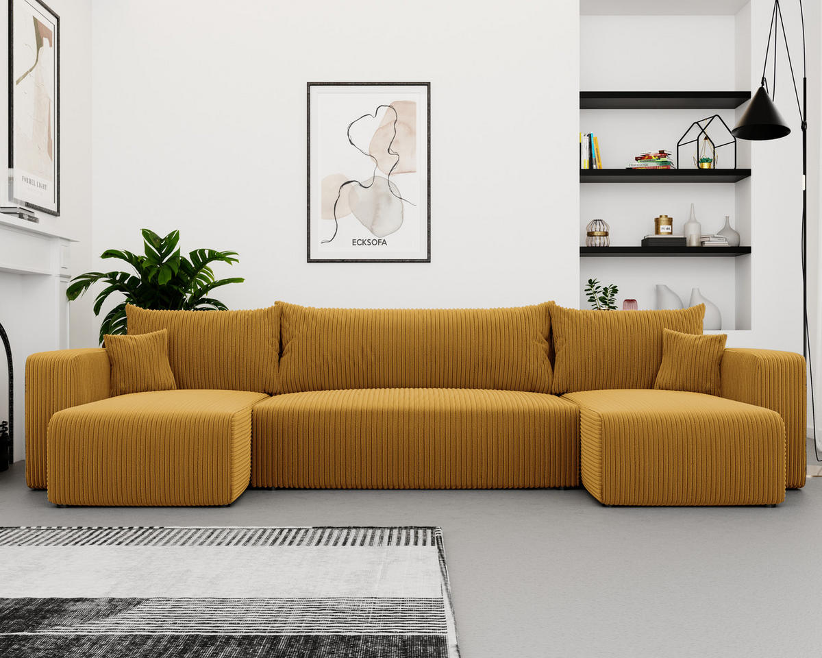 WOHNLANDSCHAFT mit Schlaffunktion und Bettkasten, Senfgelb - Currygelb/Gelb, Kunststoff/Textil (318/79/145cm) - Idohome