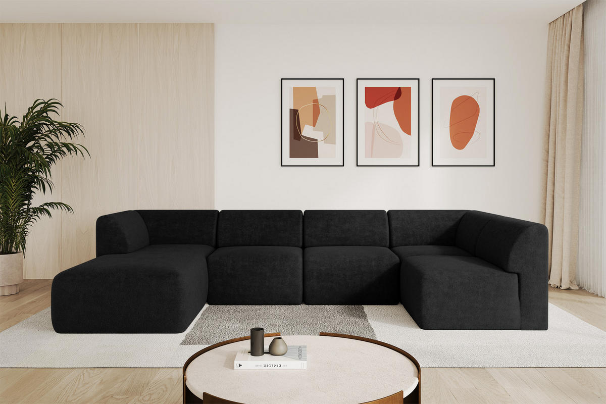 WOHNLANDSCHAFT Ottomane Links MOVO-L 345x180x78 cm Schwarz Tissu - Schwarz Hochglanz, Holzwerkstoff/Kunststoff (345/78/180cm) - ALTDECOR