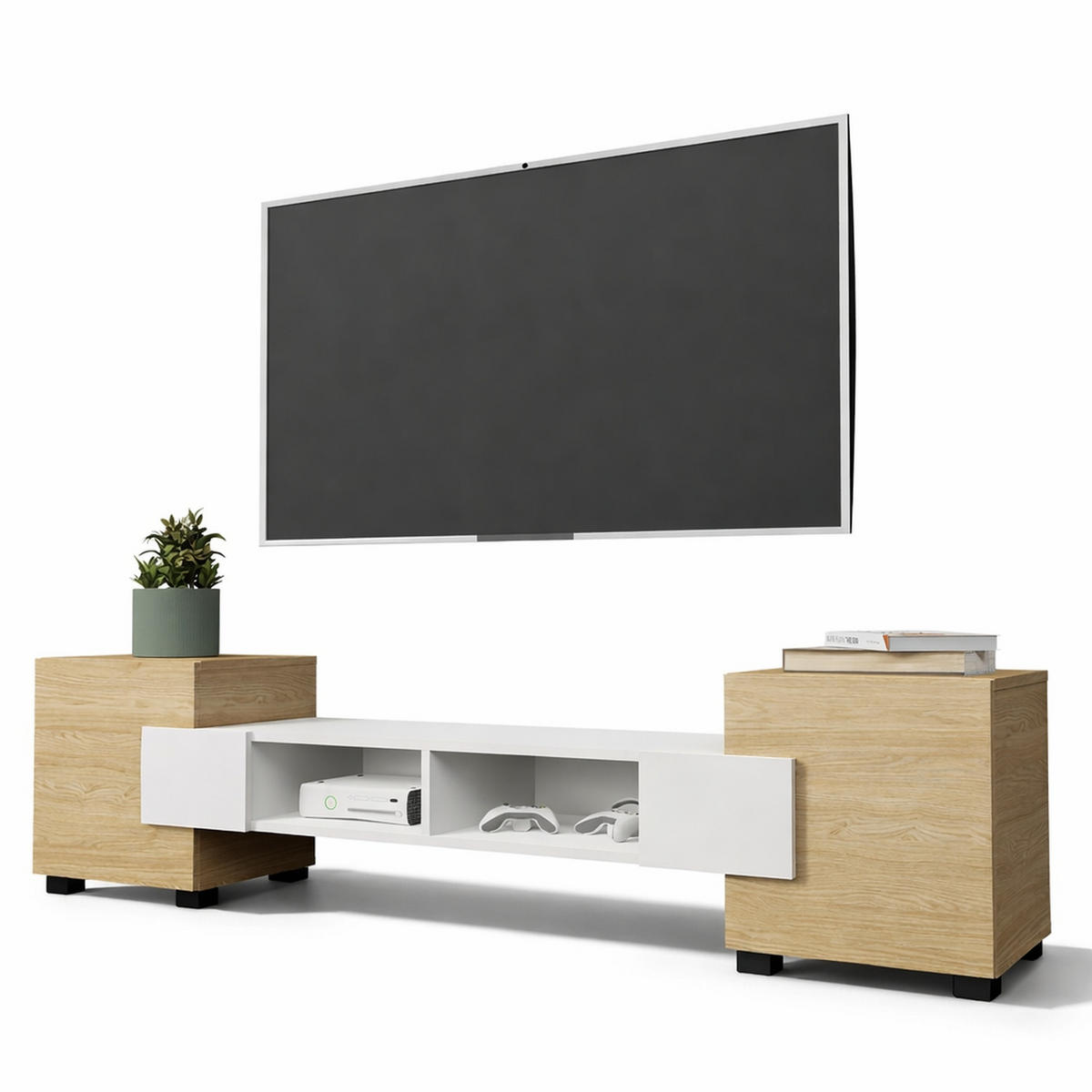 LOWBOARD TV TORINO Hängend + Stehend, Mattes Finish, Arktisches Weiß, Ölbehandelt Eiche - Eichefarben/Weiß, Holzwerkstoff/Kunststoff (181/40/35cm) - Komodee