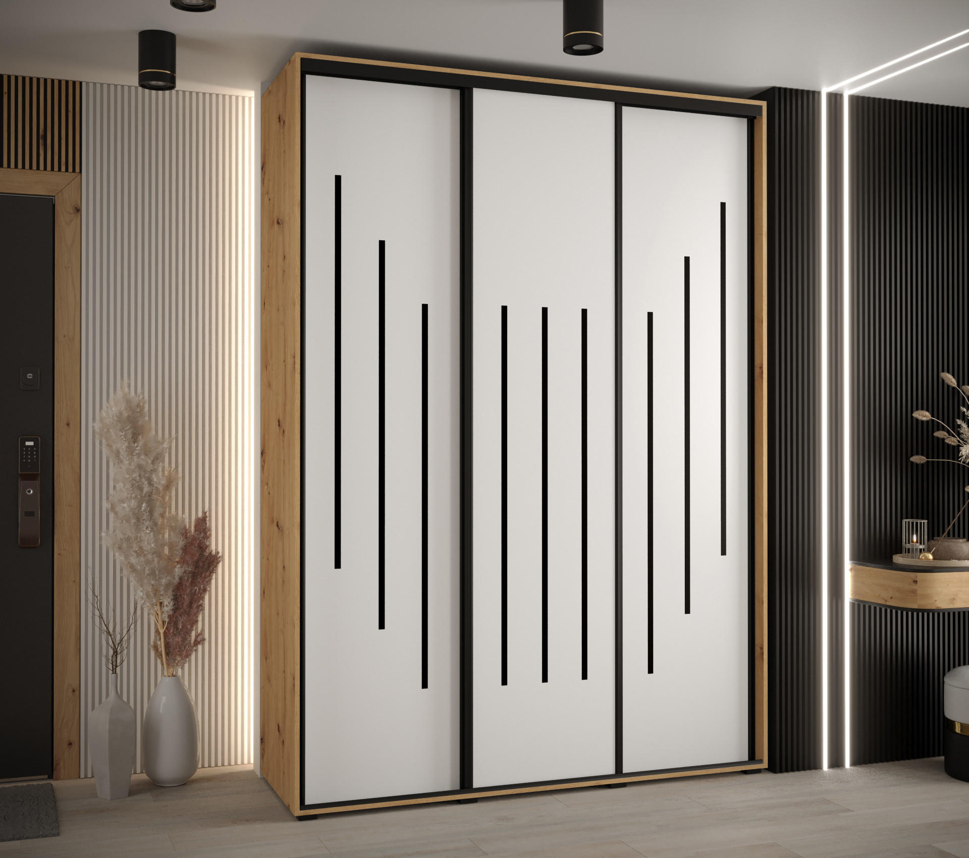 SCHWEBETÜRENSCHRANK 235,2/170/45 3-türig - Schwarz/Eiche Artisan, Holz/Metall (170/235/45cm) - Abiks Möbel