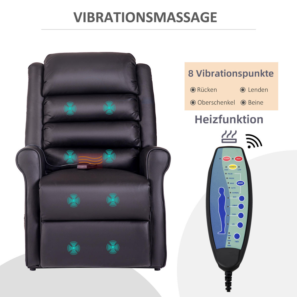 MASSAGESESSEL mit Aufstehhilfe, inkl. Fernbedienung, Braun - Braun, Kunststoff (96/107/82cm) - HOMCOM