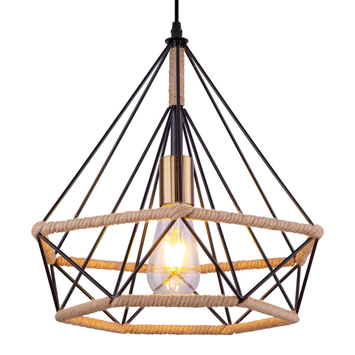 LED Hängeleuchte Hanfseil Braun - Schwarz, Metall (38/38/150cm) - Globo Lighting