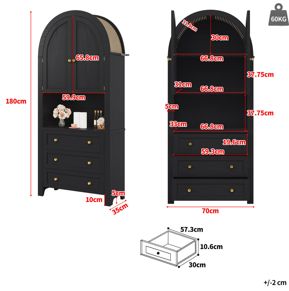 VYSOKÁ skříňka z MDF 70x35x180 cm černá se 3 zásuvkami, dvířky a otevřenou policí v obloukovém designu - černá, kompozitní dřevo (70/180/35cm) - Modfu