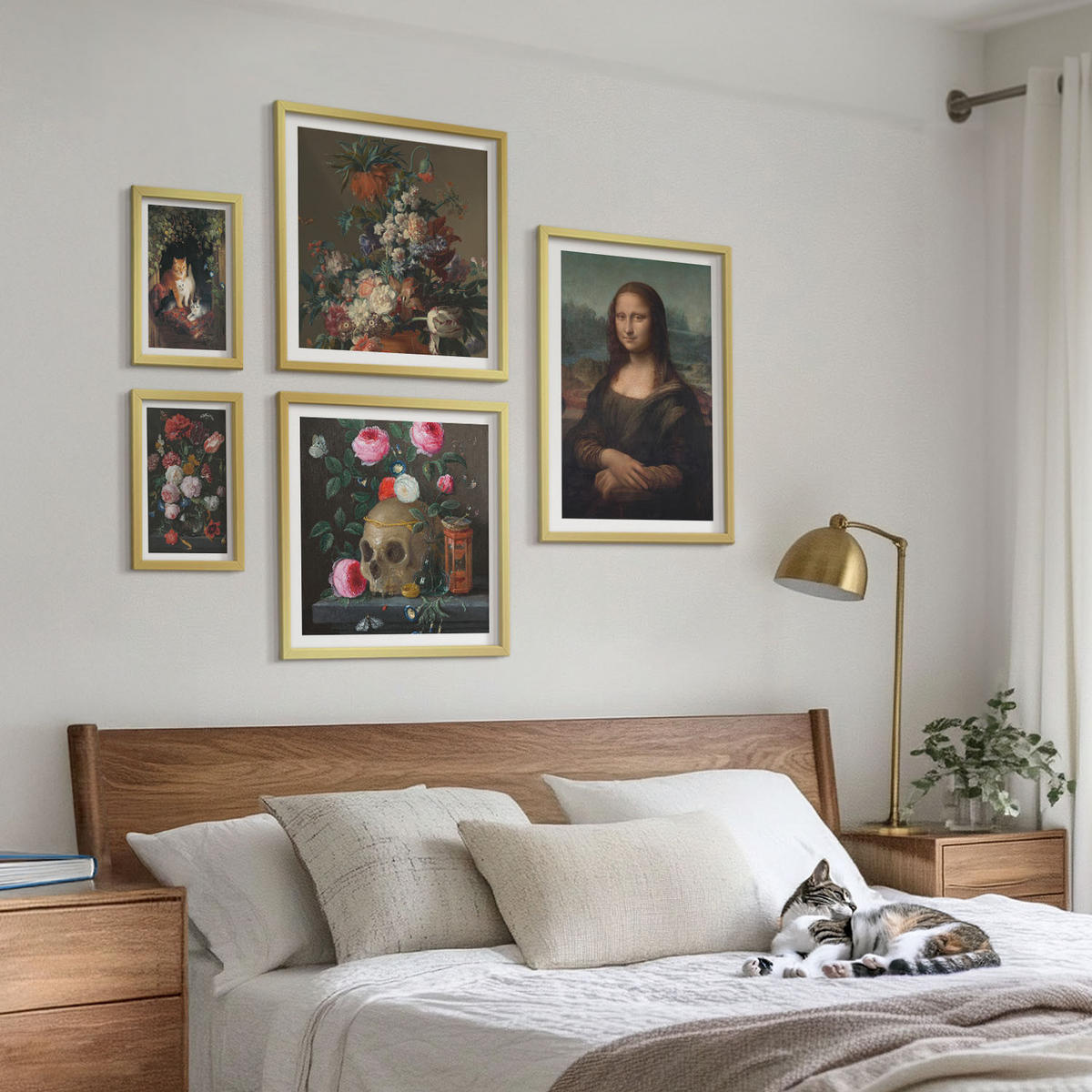 WANDBILDER 5er Set - 50x50 cm & 20x30 cm & 40x60 cm Goldrahmen - Vintage Blumen Totenkopf Mona Lisa - Goldfarben, Kunststoff (40/60cm) - ArtPrintCave
