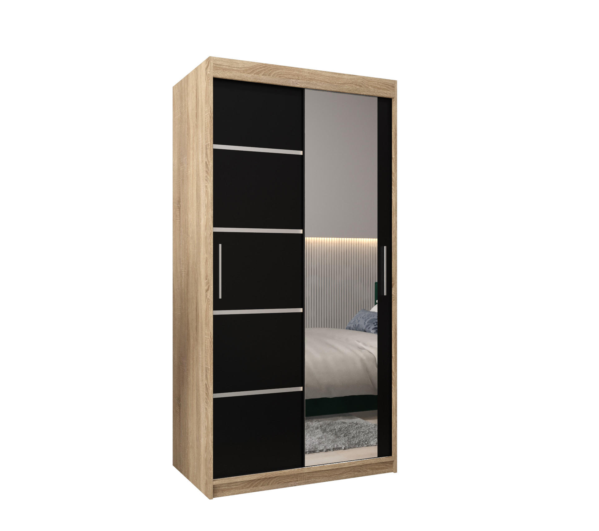 Möbel Kryspol Schwebetürenschrank Sonoma Eiche, Schwarz, Silber 100x200x62 cm