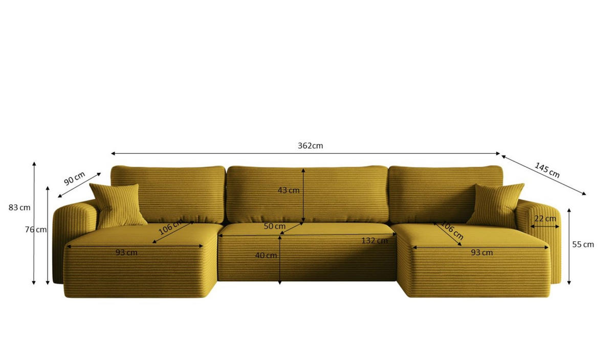 ECKSOFA Mit Schlaffunktion Und Bettkasten U-form CAPRI Poso Gelb - Gelb, Holz/Textil (145/362cm) - Kaiser Möbel