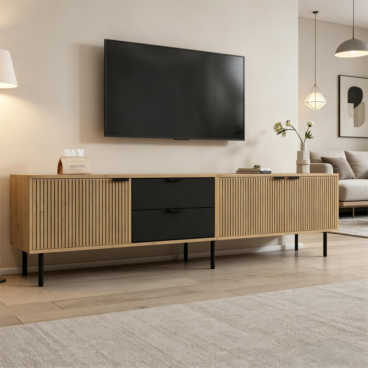 LOWBOARD in Holzoptik TV-Schrank mit Kabelmanagement , für 85-Zoll-Fernseher , B208/T40/H48 cm - Schwarz/Naturfarben, Holzwerkstoff/Metall (208/48/40cm) - STILVORA