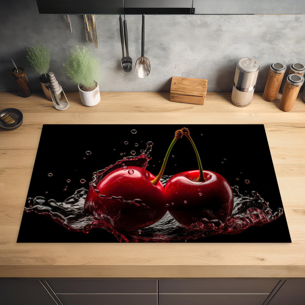 HERABDECKPLATTE - Kirsche - Rot - Frucht - Wasser - Schwarz - 80x50 - Kirschrot, Kunststoff (80/50/0.2cm) - MuchoWow
