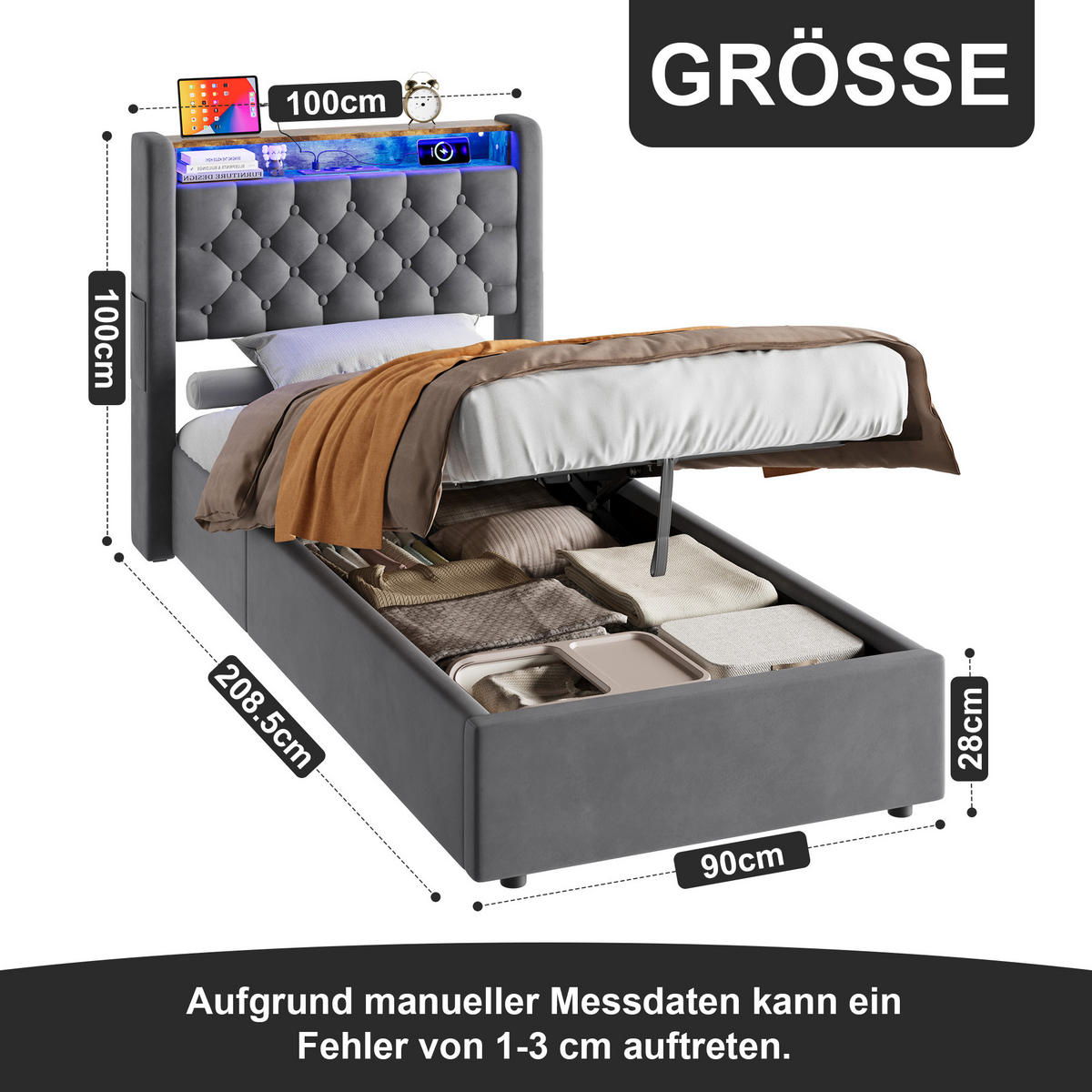 POLSTERBETT 90/190 mit Bettkasten und Stauraumbett mit Schubladen und LED Funktionbett ohne Matratze - Grau, Holzwerkstoff/Textil (90/190cm) - STILVORA