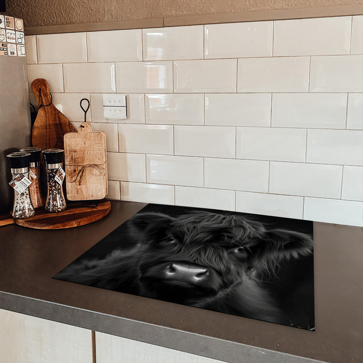 HERDABDECKPLATTE Scottish Highlander - Schwarz - Kalb - Kuh Herdabdeckung Induktionsfeld 60x52 cm - Schwarz, Kunststoff (60/52/0.2cm) - MuchoWow