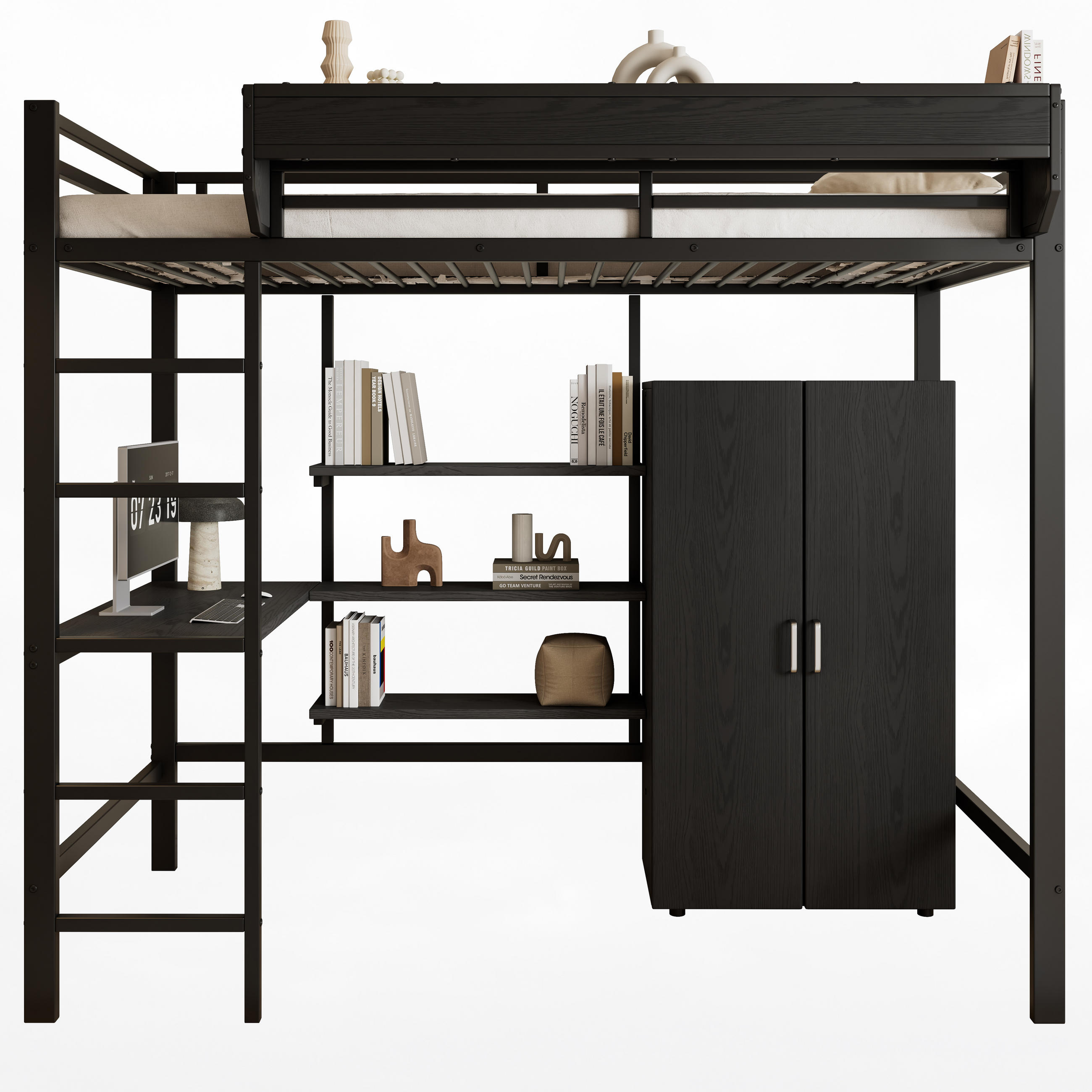 HOCHBETT 90x200 cm mit Schreibtisch, Kleiderschrank, Schwarz - Schwarz, Metall (90/200cm)