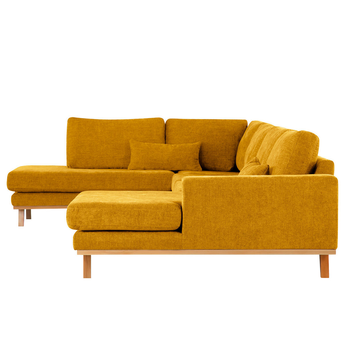 WOHNLANDSCHAFT mit Longchair - Gelb/Buchefarben, Buchenholz/Textil (371/81/219cm) - home24