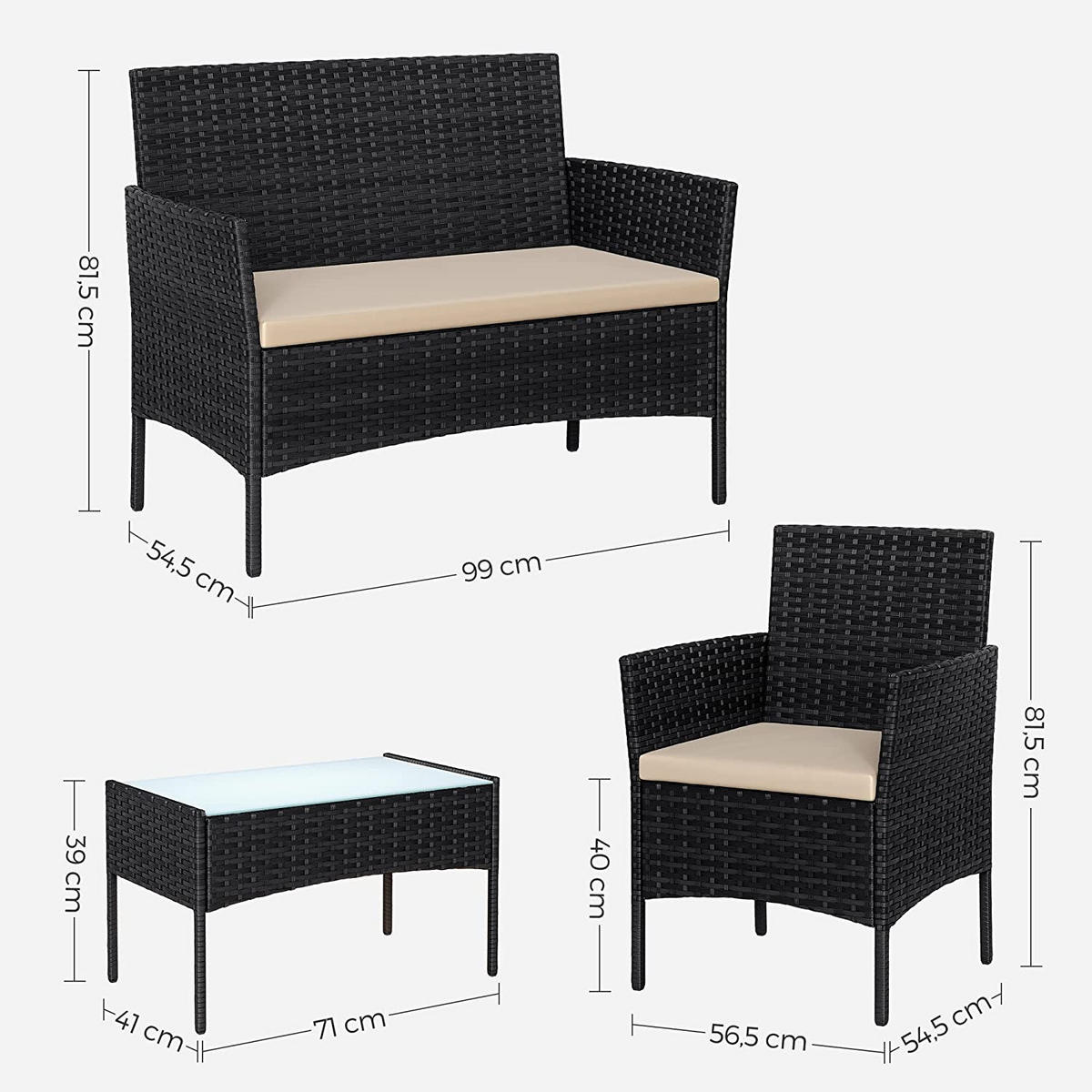 SITZGRUPPE 4-TEILIG GARTENMÖBEL-SET - Schwarz, Metall - Hansiro