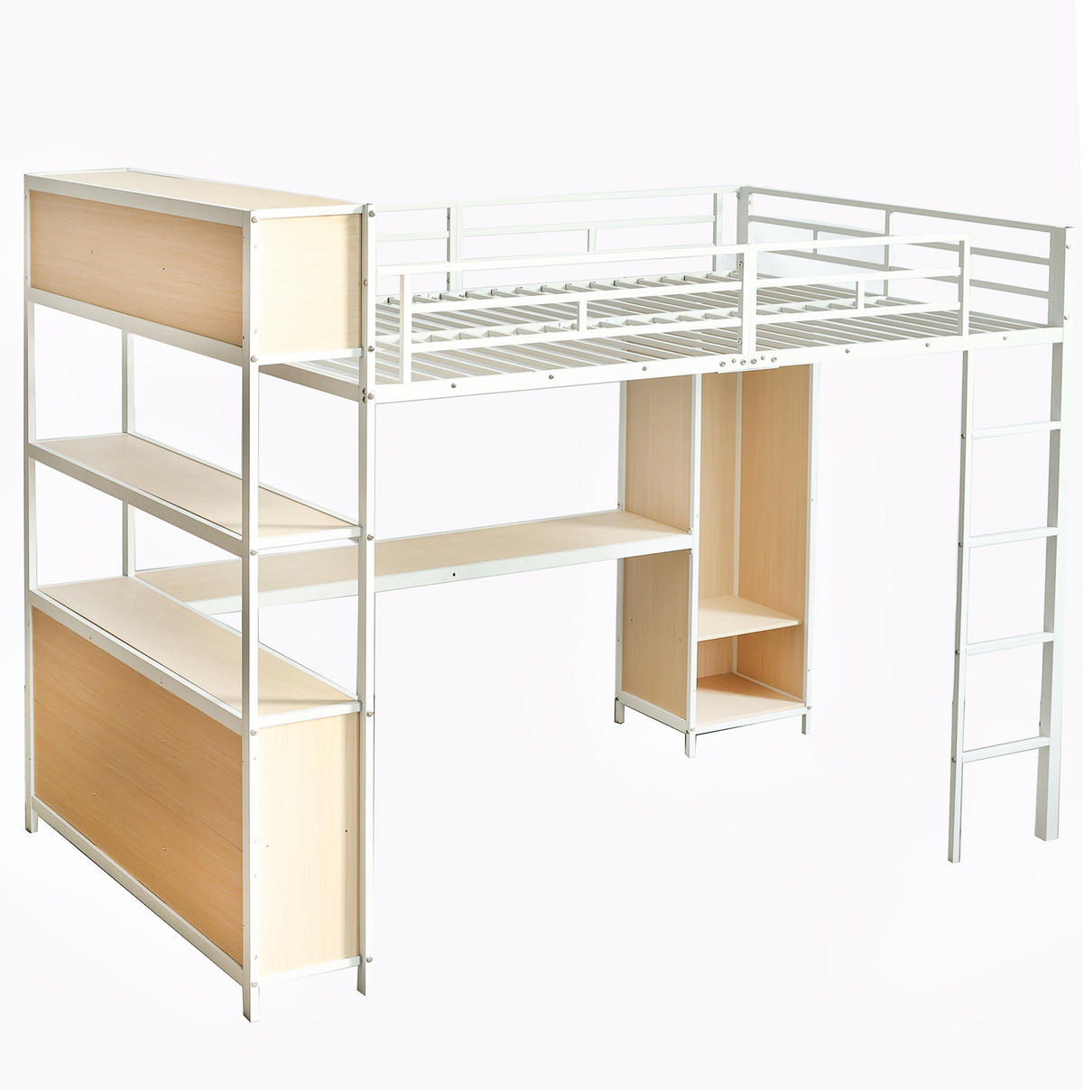 HOCHBETT 140/200 cm aus Metall und Holzwerkstoff mit Schreibtisch und Kleiderschrank Weiß/Natur - Weiß, Metall (140/200cm) - Modenvie